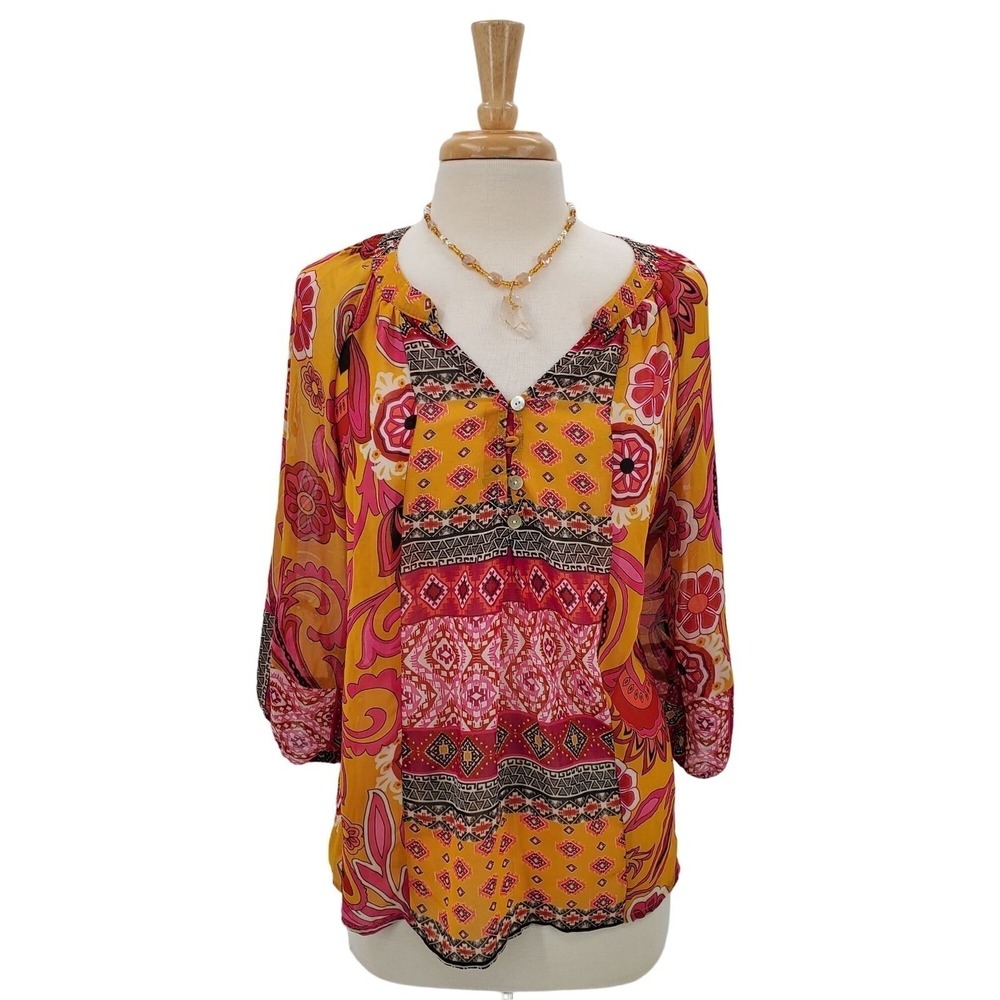 New Directions Womens‎ M Orange Pink Floral Boho Peasant Blouse Tunic Top